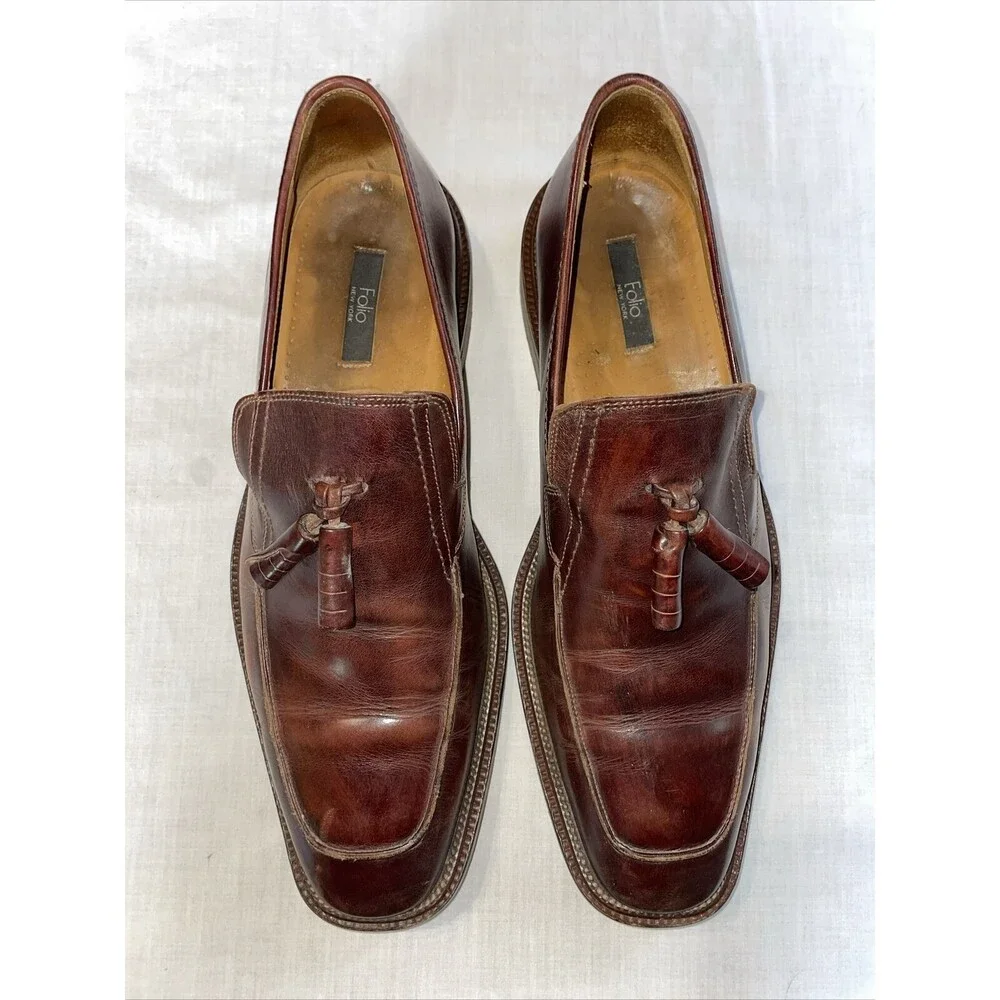 Folio New York Italy Dress Loafers Mens Size 11 M Brown Leather  Slip On Tassels